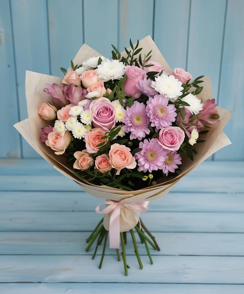 Букет цветов из: Хризантемы, Розы и Альстромерии в Приволжье