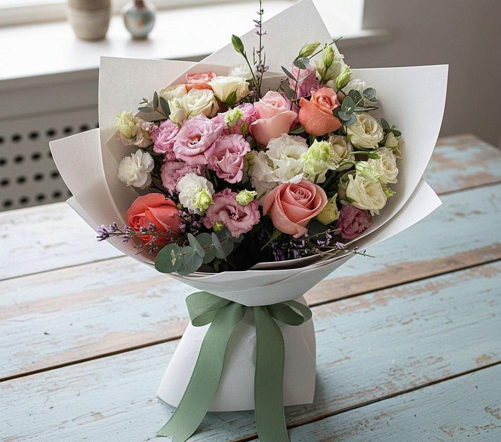 Букет цветов из: Розы, Лизиантусы и Гвоздики в Приволжье