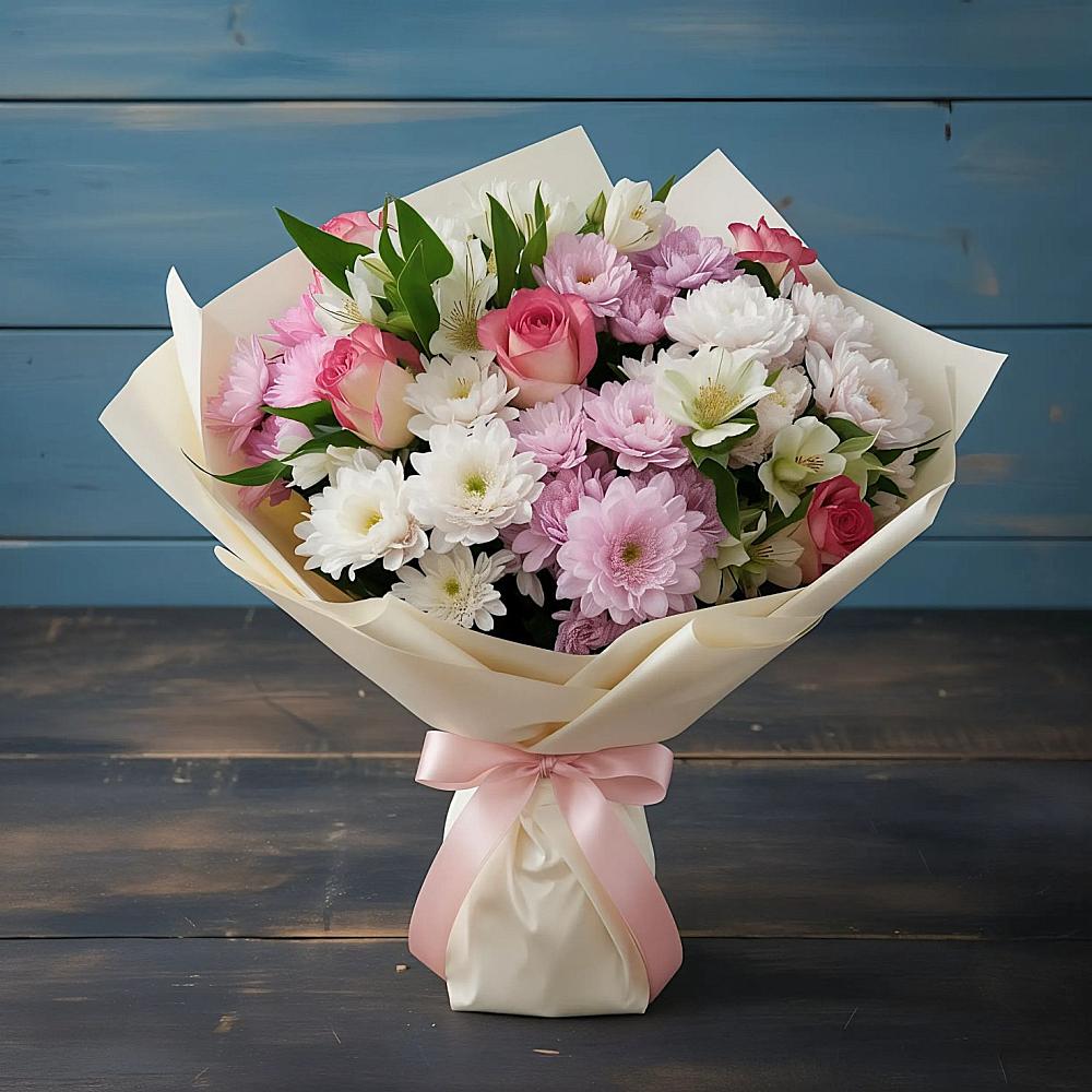 Букет цветов из: Хризантемы, Альстромерии и Розы в Приволжье